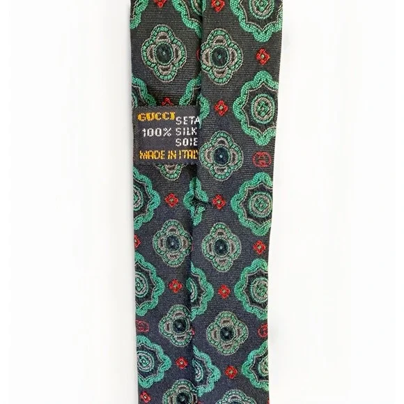 VTG GUCCI 100% Silk Tie Navy Green Medallion Print Vintage 1990s Made In Italy - Picture 8 of 14